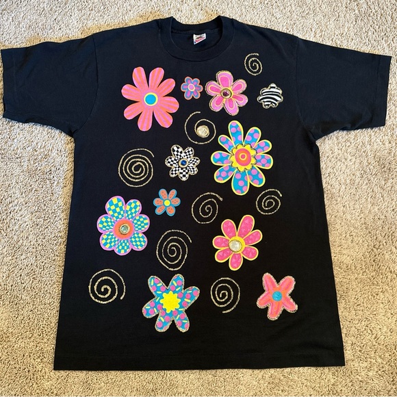 1990s Puff Paint Flower T-Shirt Size XL - Picture 1 of 9